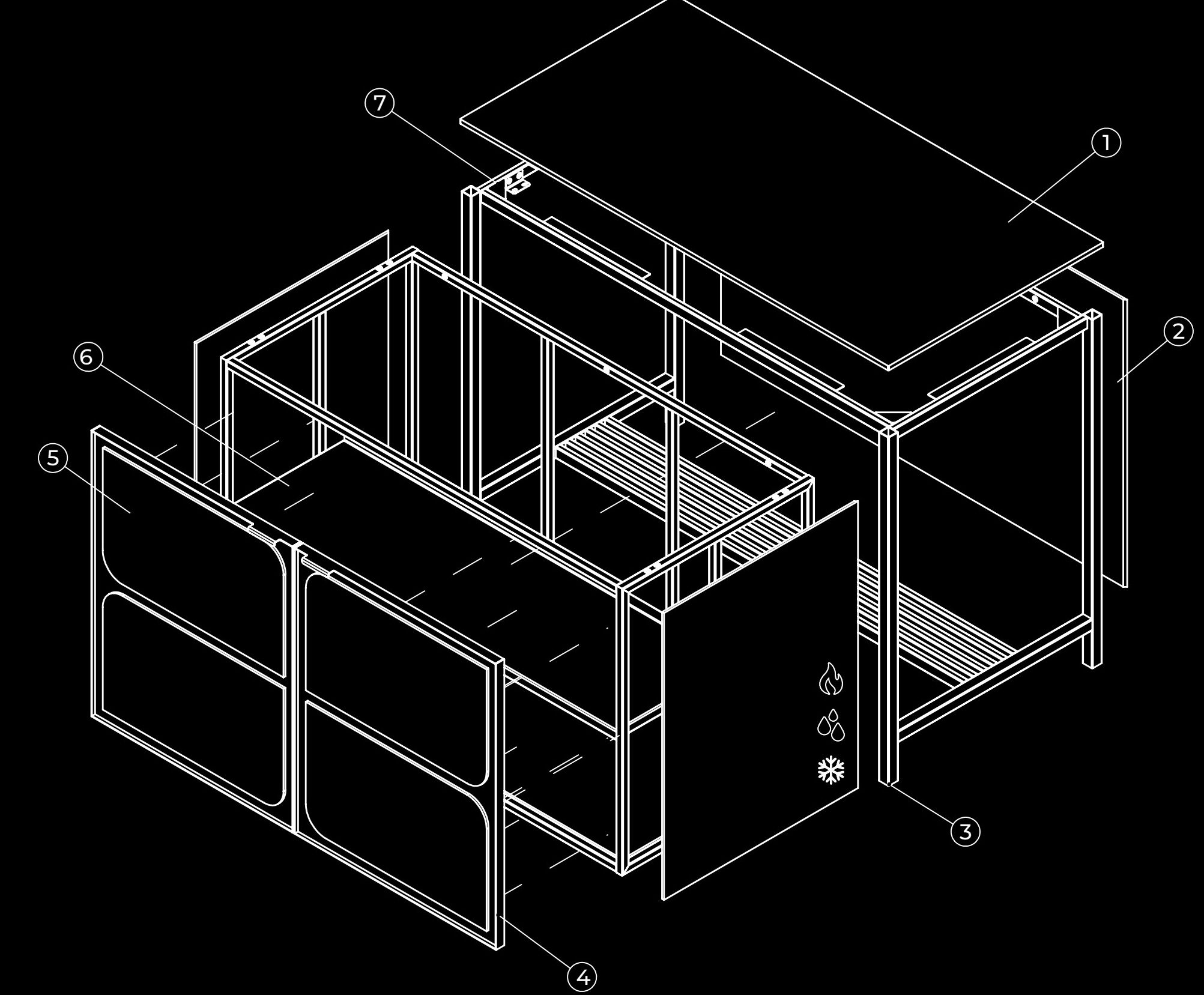 Exploded view van de opbouw van een Cussina buitenkeuken